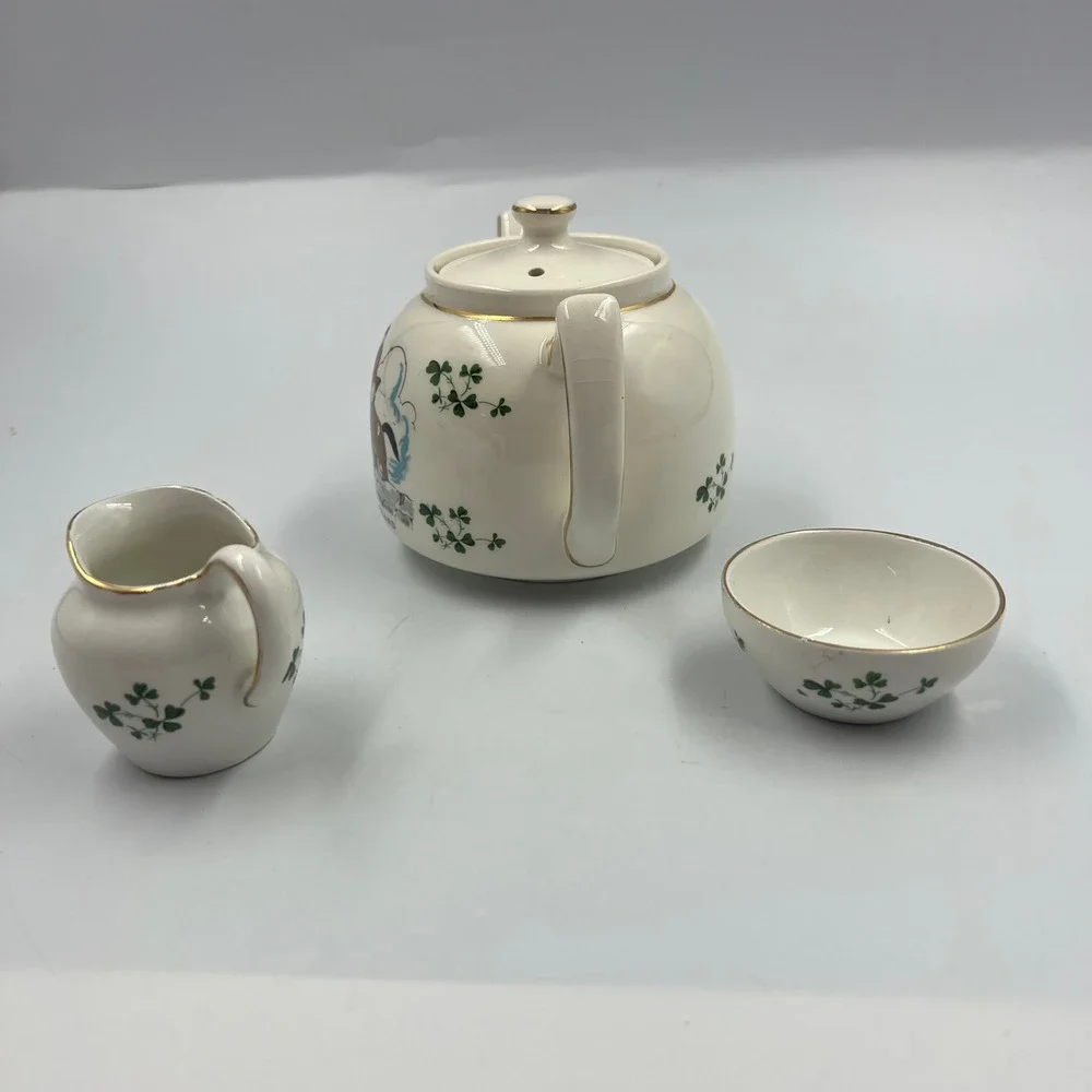 Vintage Carrigaline Ireland Fox Hunt Tea Set Teapot Creamer Sugar Shamrocks Gold